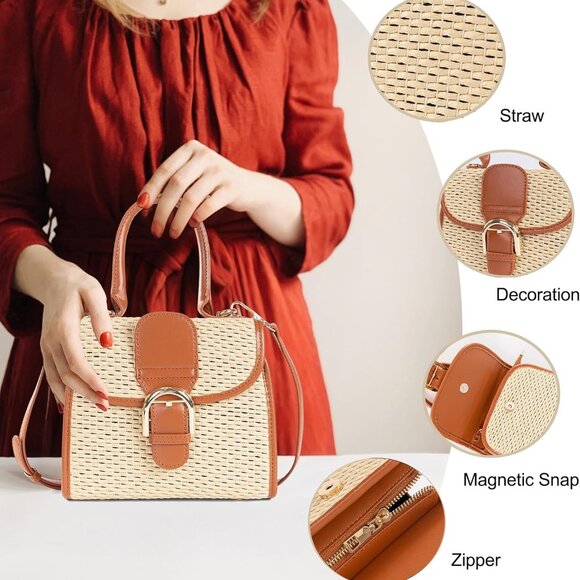 Retro Straw Woven Handbag Womens Small Cross Body Bag Shoulder Messenger Satchel - Picture 2 of 7